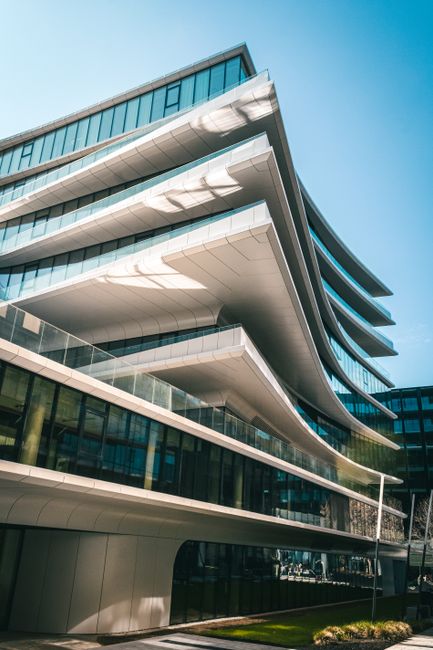 A striking example of modern architecture showcasing sleek lines and innovative design in Vilnius, Lithuania.